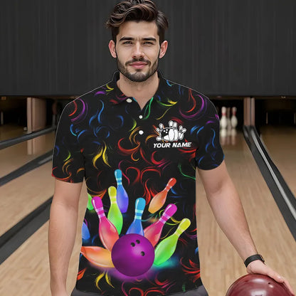 Colorful Neon Flame pattern Bowling Shirts For Men Custom Bowling Team Jerseys, Gift For Bowler NQS9374