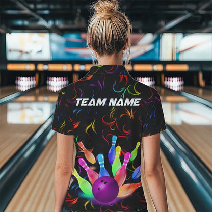 Colorful Neon Flame pattern Bowling Shirts For Women Custom Bowling Team Jerseys, Gift For Bowler NQS9374