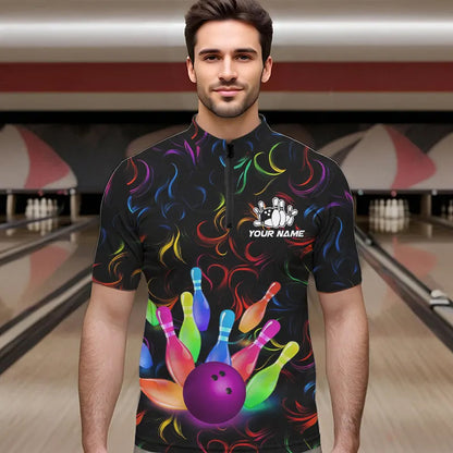 Colorful Neon Flame pattern Bowling Shirts For Men Custom Bowling Team Jerseys, Gift For Bowler NQS9374