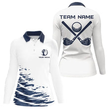 Load image into Gallery viewer, Blue and White Women golf polo shirts custom golf attire for ladies, personalized golf gifts NQS9376