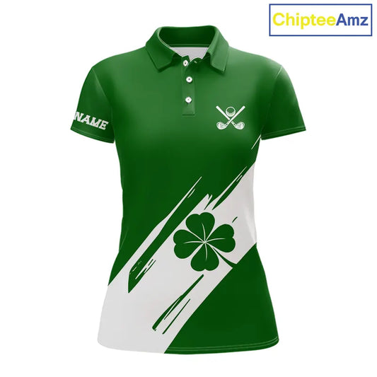 Womens golf polo shirts White and Green Shamrock custom St Patrick's Day team golf shirts for ladies NQS11639