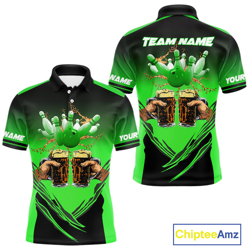 Bowling Beer Black and Green Bowling Polo, 1/4 Quarter zip shirts Custom Mens Team Bowling jerseys NQS10874