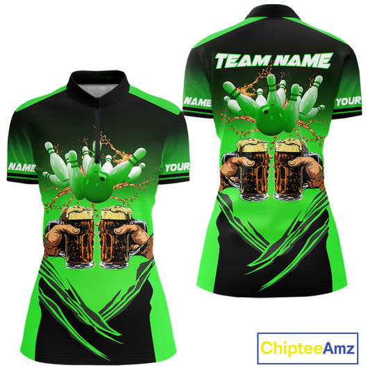 Bowling Beer Black and Green Bowling Polo, 1/4 Quarter zip shirts Custom Women Team Bowling jerseys NQS10874