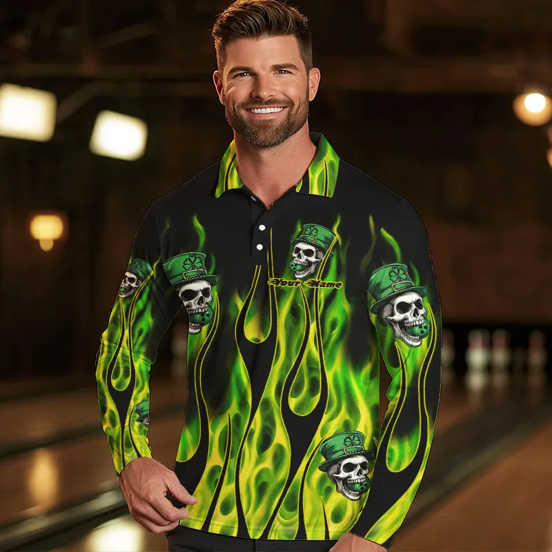 Green Flame clover skull St Patrick's Day Mens bowling shirts Custom Lucky Bowling Team Jerseys NQS9379