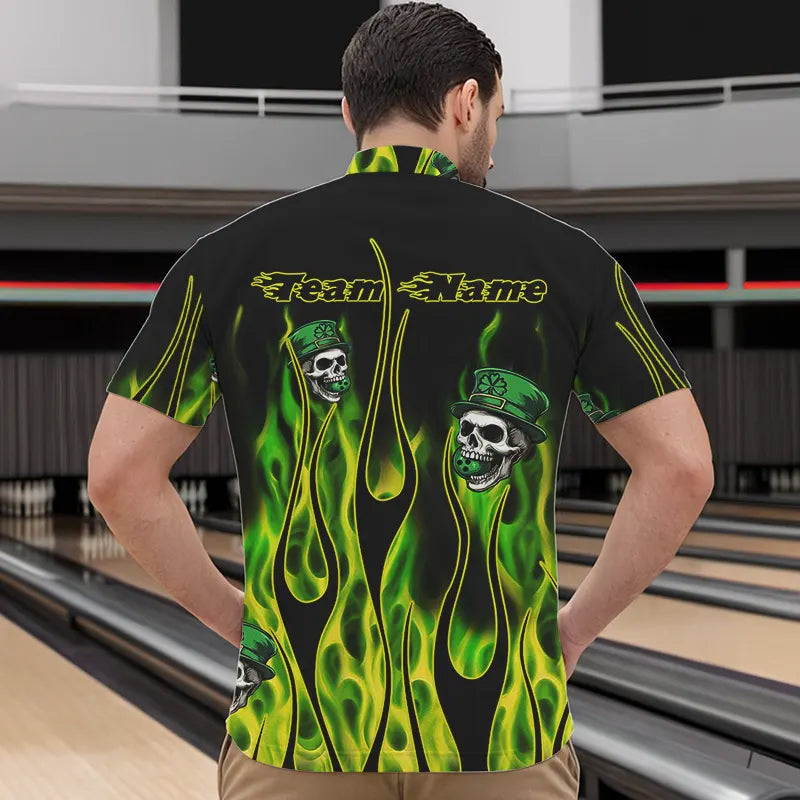 Green Flame clover skull St Patrick's Day Mens bowling shirts Custom Lucky Bowling Team Jerseys NQS9379