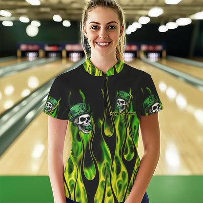Green Flame clover skull St Patrick's Day Women bowling shirts Custom Lucky Bowling Team Jerseys NQS9379