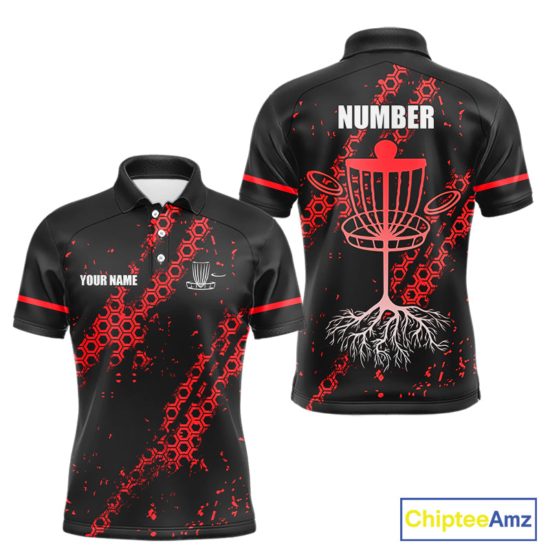 Black and Red Hexagon Pattern Disc Golf Polos, T-Shirt, Hoodies custom Team disc golf jerseys NQS11456
