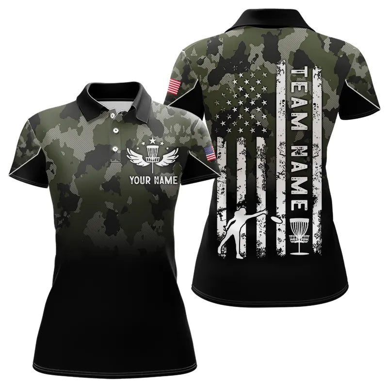 Black Green Camo Women Disc golf polo shirts custom American Flag patriotic team disc golf jerseys NQS9522