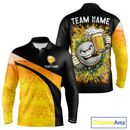 Custom Yellow Funny Beer Golf Polo Shirts For Men, golf outfits for men, Personalized golf gifts NQS11647