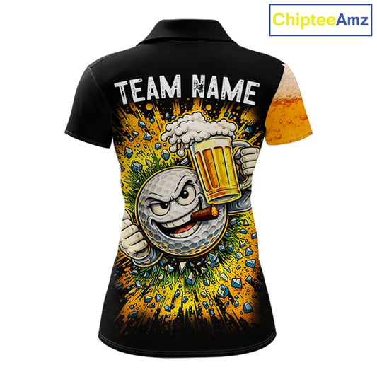 Custom Yellow Funny Beer Golf Polo Shirts For Women, golf outfits for ladies, Personalized golf gifts NQS11647