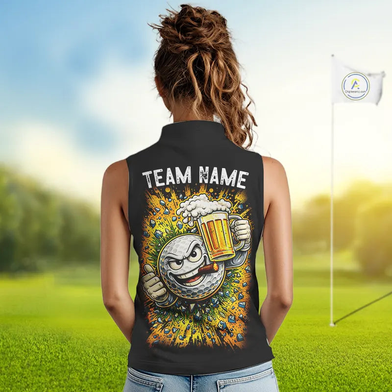 Custom Yellow Funny Beer sleeveless Golf Shirt For Women, golf outfits for ladies NQS11647