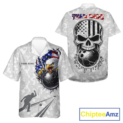 Personalized American Flag Skull Eagle Camo Bowling Team Hawaiian Shirts, Patriotic Bowling Outfits NQS11648