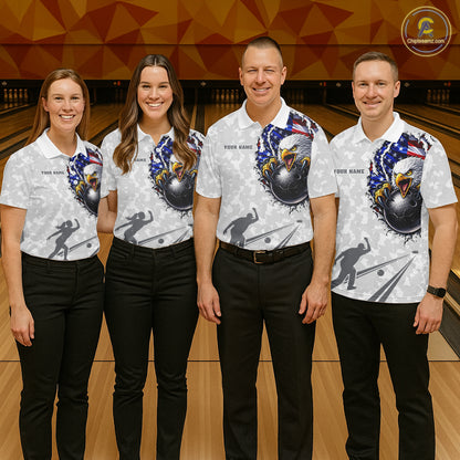 Personalized American Flag Skull Eagle Camo Bowling Team Shirts For Women, Patriotic Bowling Outfits NQS11648
