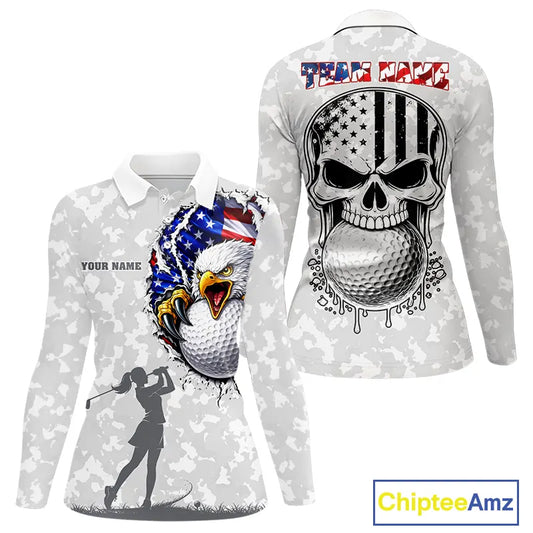 Personalized American Flag Skull Eagle Camo Golf Polo Shirts For Women, Patriotic Ladies Golf Outfits NQS11649