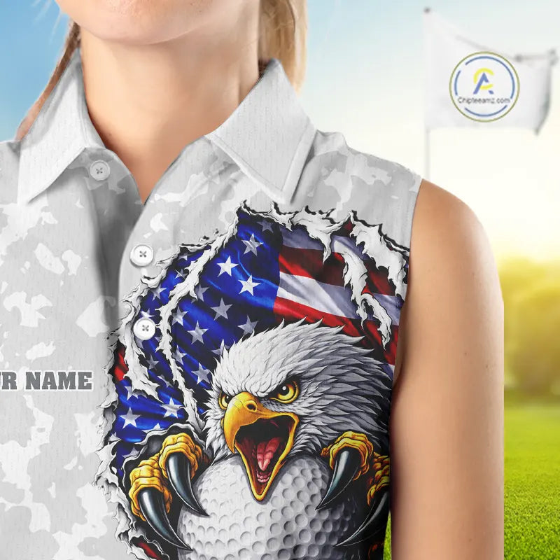 Personalized American Flag Skull Eagle Camo Sleeveless Golf Polo Shirt, Patriotic Ladies Golf Outfits NQS11649