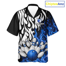 Load image into Gallery viewer, Black, White and Blue Flame Bowling Hawaiian Jersey Custom Bowling Team Button-up Shirts NQS11739