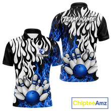 Load image into Gallery viewer, Black, White and Blue Flame Bowling Polo, Quarter Zip Shirts For Men Custom Bowling Team Jerseys NQS11739