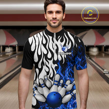 Load image into Gallery viewer, Black, White and Blue Flame Bowling Polo, Quarter Zip Shirts For Men Custom Bowling Team Jerseys NQS11739