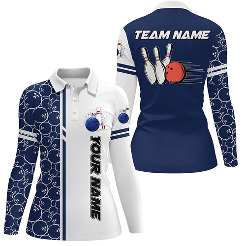 Women bowling polo shirts Custom white and blue camo vintage bowling shirts, women bowling jerseys NQS7467