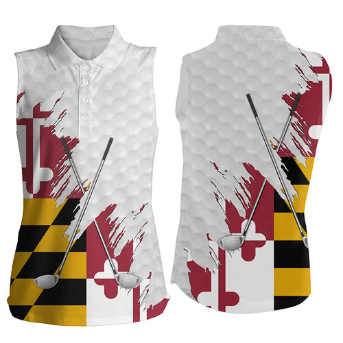 Maryland flag golf clubs patriotic white Womens sleeveless polo shirts, team ladies golf tops NQS7469