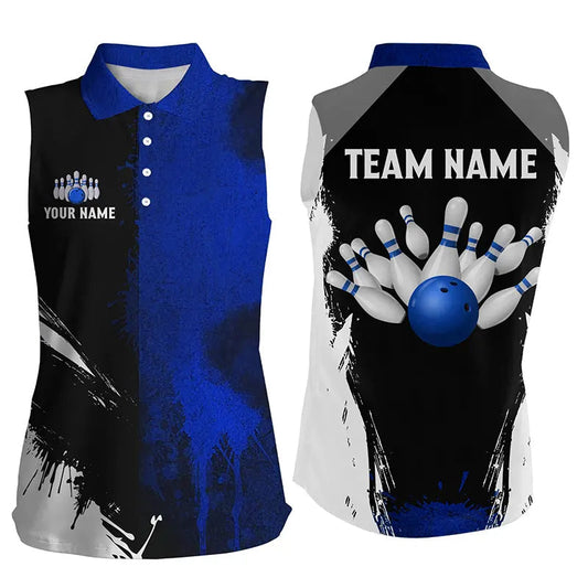 Black and Blue Bowling Sleeveless Polo For Women Custom Bowling Team jerseys, gift for bowlers NQS8260