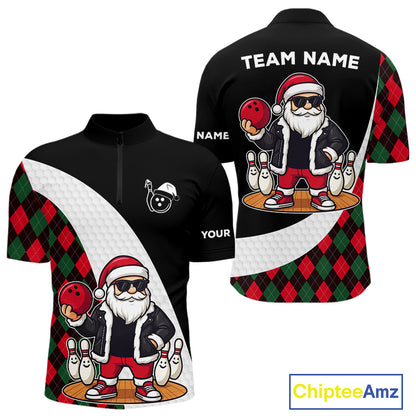 Funny Santa Christmas Bowling Shirts For Men green and red argyle pattern Custom Team Bowling outfit NQS11054