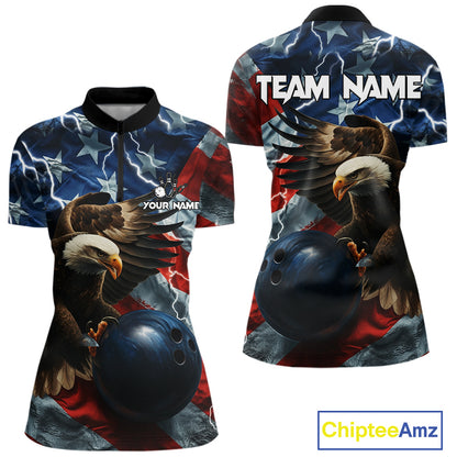 American Flag Eagle Lightning Thunder Bowling Shirts For Women Custom Patriotic Bowling Team Jerseys NQS11059