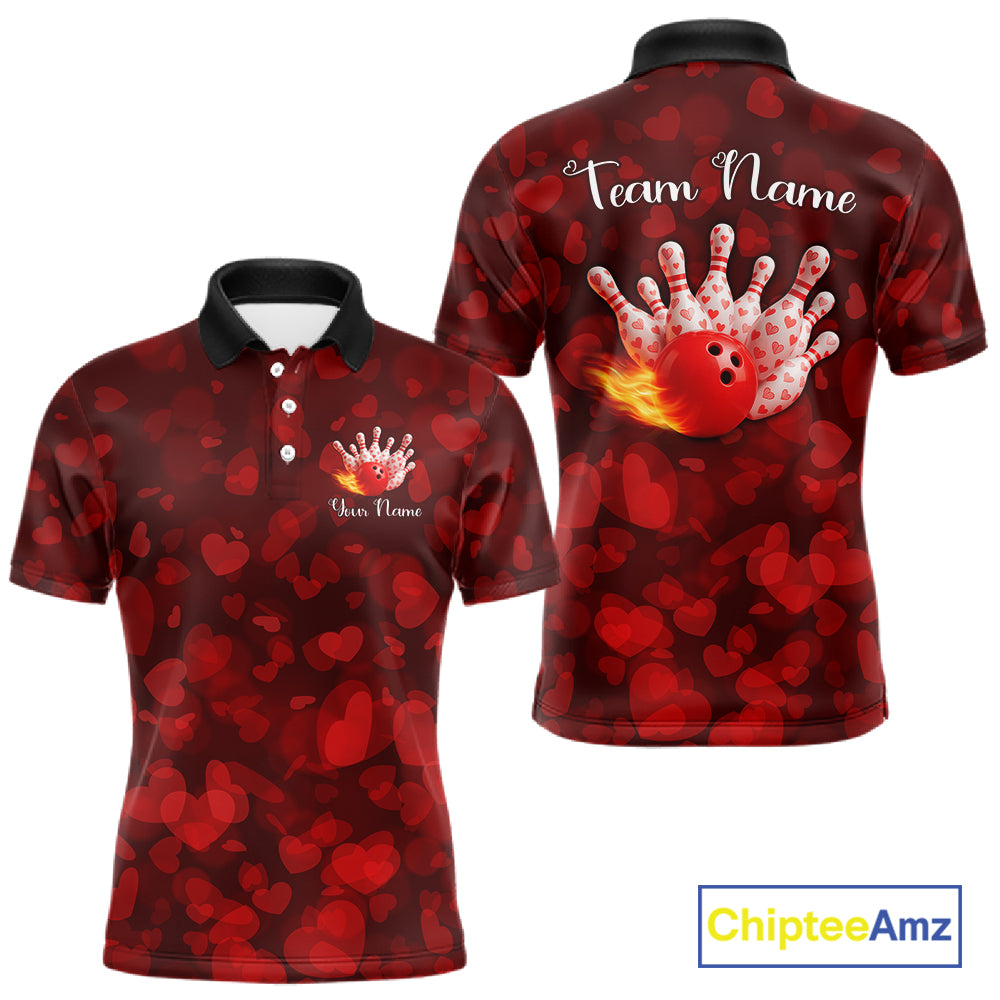 Red Hearts pattern Valentine matching bowling shirts for couples Custom Bowling Couple Outfits NQS11251