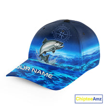 Load image into Gallery viewer, Personalized Salmon Blue sea fishing hat, compass Salmon tournament Angler hat cap NQS11254