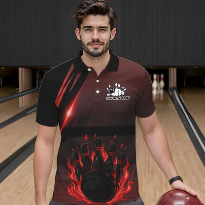 Black And Red Flame Bowling Ball and pins Bowling Shirts For Men Custom Team Bowling Jerseys NQS9387