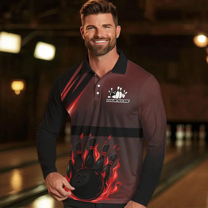 Black And Red Flame Bowling Ball and pins Bowling Shirts For Men Custom Team Bowling Jerseys NQS9387