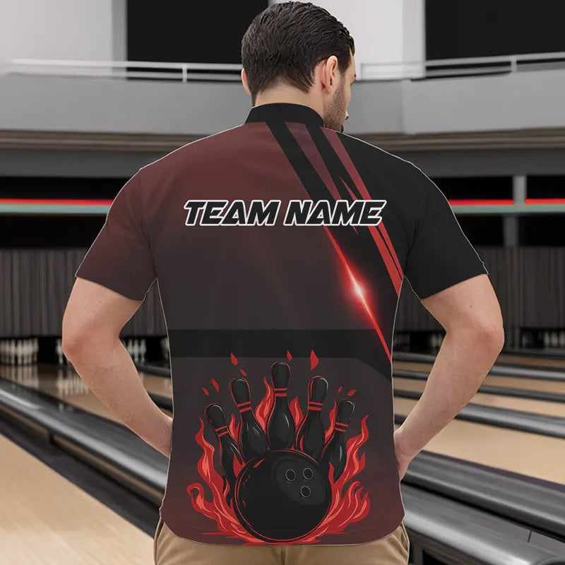 Black And Red Flame Bowling Ball and pins Bowling Shirts For Men Custom Team Bowling Jerseys NQS9387