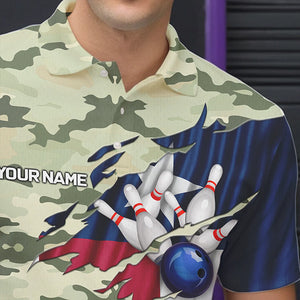 Texas Flag Green Camo Bowling Polo, Quarter Zip shirts for Men custom Texas Bowling Team Jerseys NQS9536