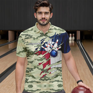 Texas Flag Green Camo Bowling Polo, Quarter Zip shirts for Men custom Texas Bowling Team Jerseys NQS9536
