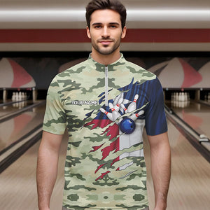 Texas Flag Green Camo Bowling Polo, Quarter Zip shirts for Men custom Texas Bowling Team Jerseys NQS9536