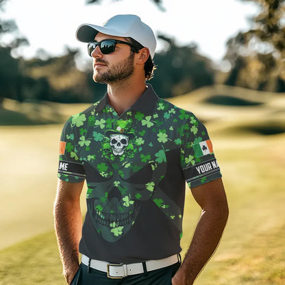 Personalized Green shamrock pattern Skull Men golf polo shirts Custom St Patrick day mens golf tops NQS9542