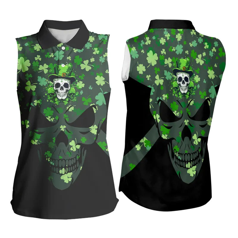 Green shamrock pattern Skull Women sleeveless golf polo shirt St Patrick day ladies golf tops NQS9542
