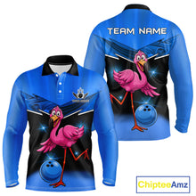 Load image into Gallery viewer, Funny Pink Flamingo Bowling Polo, 1/4 zip shirts for Men Custom Flamingo Team bowling outfit | Blue NQS11653