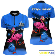 Load image into Gallery viewer, Funny Pink Flamingo Bowling Polo, 1/4 zip shirts for Women Custom Flamingo Team bowling outfit | Blue NQS11653