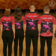 Load image into Gallery viewer, Funny Pink Flamingo Bowling Polo, 1/4 zip shirts for Men Custom Flamingo Team bowling outfit | Red NQS11654