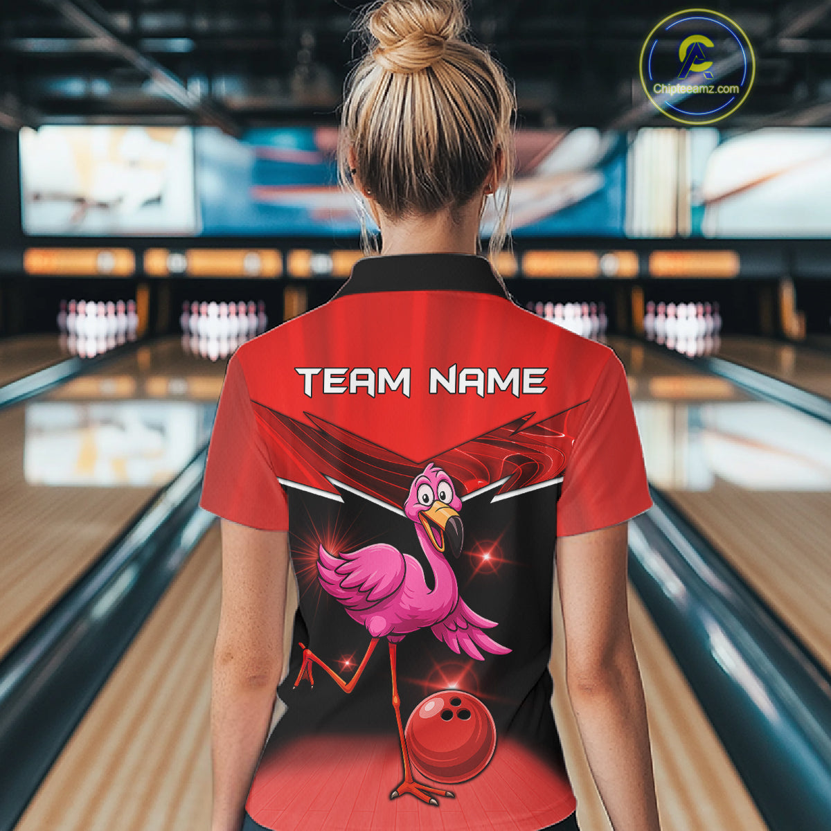 Funny Pink Flamingo Bowling Polo, 1/4 zip shirts for Women Custom Flamingo Team bowling outfit | Red NQS11654