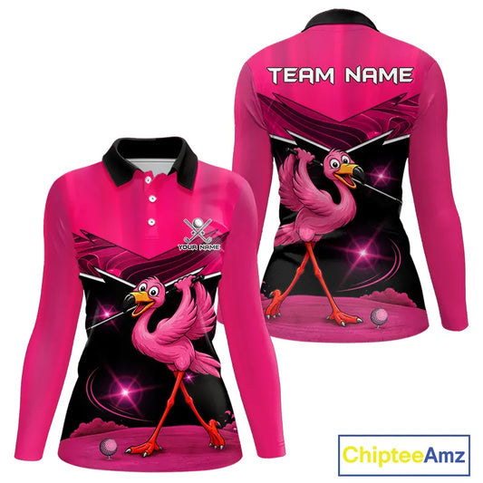 Funny Pink Flamingo Golf Polo Shirts For Women Custom Flamingo Team ladies golf tops, funny golf gift NQS11656
