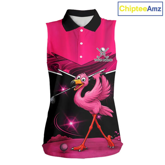 Funny Pink Flamingo Sleeveless Golf Shirt Custom Flamingo Team ladies golf tops, funny golf gifts NQS11656