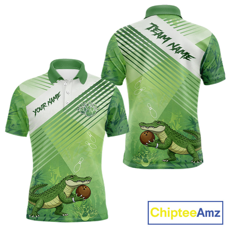 Funny Alligator Bowling Polo, 1/4 Zip Shirts For Men Custom Alligator Bowling Team Jerseys | Green NQS11742