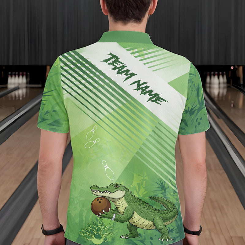 Funny Alligator Bowling Polo, 1/4 Zip Shirts For Men Custom Alligator Bowling Team Jerseys | Green NQS11742