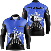 Load image into Gallery viewer, Blue and Black retro bowling ball pins star custom Men's bowling Polo, Quarter Zip shirts team jerseys NQS7830