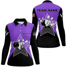 Load image into Gallery viewer, Purple &amp; Black retro bowling ball pins star custom Women's bowling Polo, Quarter Zip shirt team jersey NQS7831