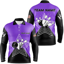 Load image into Gallery viewer, Purple &amp; Black retro bowling ball pins star custom Men's bowling Polo, Quarter Zip shirts team jerseys NQS7831