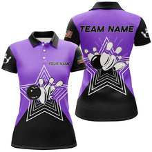 Load image into Gallery viewer, Purple &amp; Black retro bowling ball pins star custom Women's bowling Polo, Quarter Zip shirt team jersey NQS7831