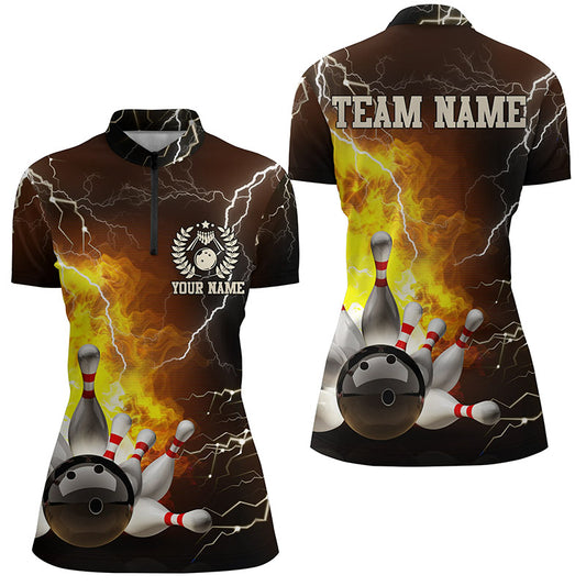 Womens Quarter Zip shirts Custom flame lightning thunder Bowling Team Jersey, Bowling League Shirt NQS6150